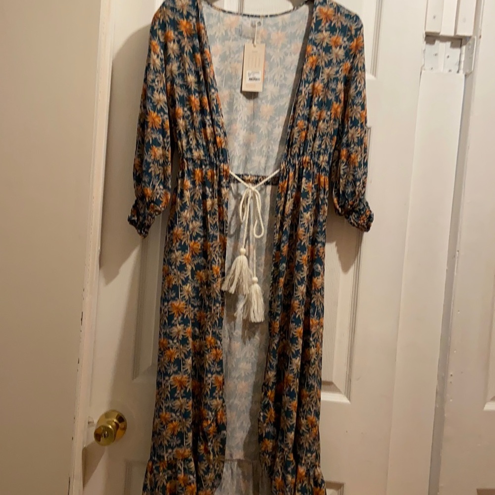 Women’s Floral Swim Cover-Up Kimono - Navy & Mustard